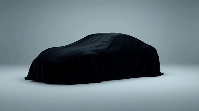 高級車の発表を連想させる覆い布越しのスポーツカー白背景動画素材