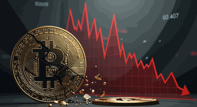 Bitcoin Crash: Broken Cryptocurrency Coin with Falling Red Graph, Financial Crisis