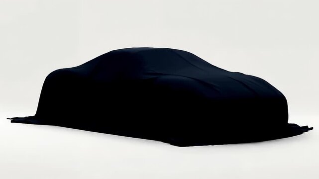 白背景に覆い布で隠されたスポーツカーのシルエットを見せる発表向け動画素材