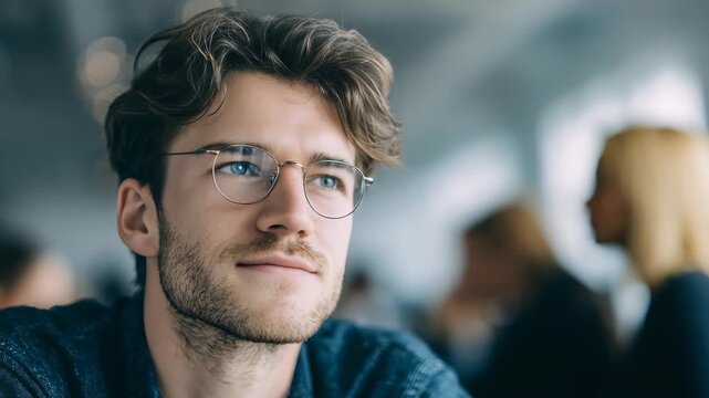 Confident young man with glasses gazes thoughtfully into the distance in a modern office environment. Natural light highlights his relaxed and optimistic expression
