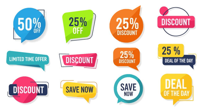Collection of Discount and Sale Offer Badges: 50% Off, 25% Off, Deal of the Day