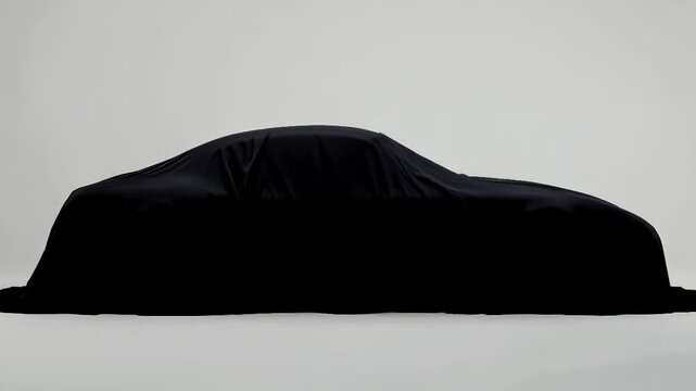 スポーツカーを覆い布で隠した白背景の高級車お披露目コンセプト動画素材