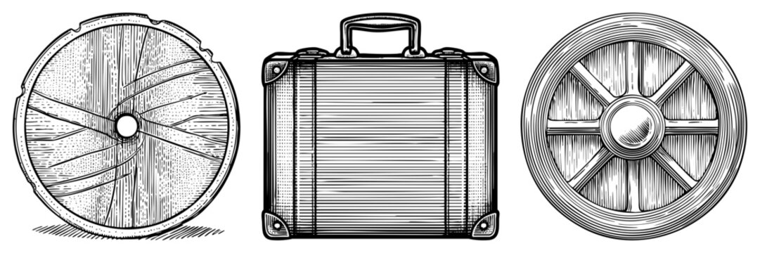 Hand drawn vintage travel items wooden wagon wheel, leather bound suitcase, spoked carriage wheel, all rendered in intricate halftone work.