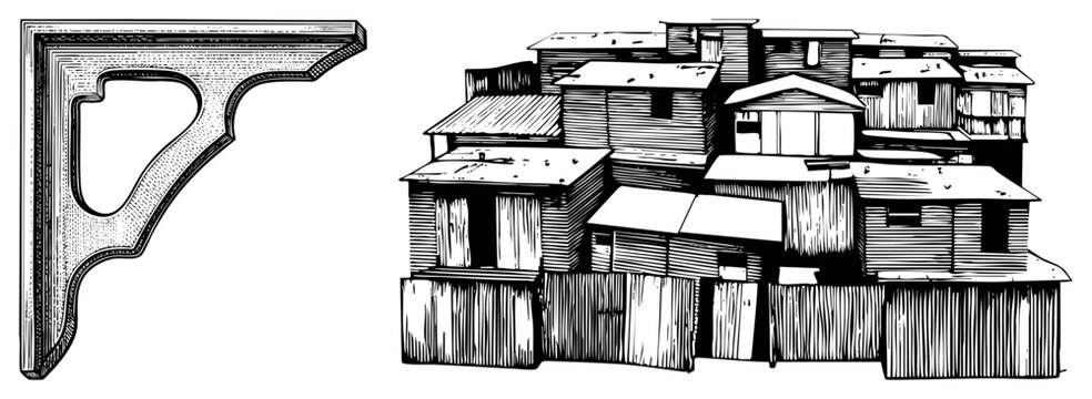 Intricate carved corbel detail and layered wooden shanty structures, architectural elements, rustic dwellings, hand drawn art, black and white vector graphics.