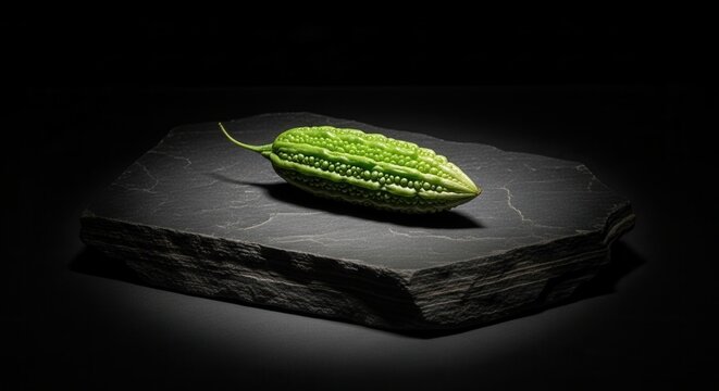 Bitter Melon Vegetable On Dark Slate With Dramatic Lighting