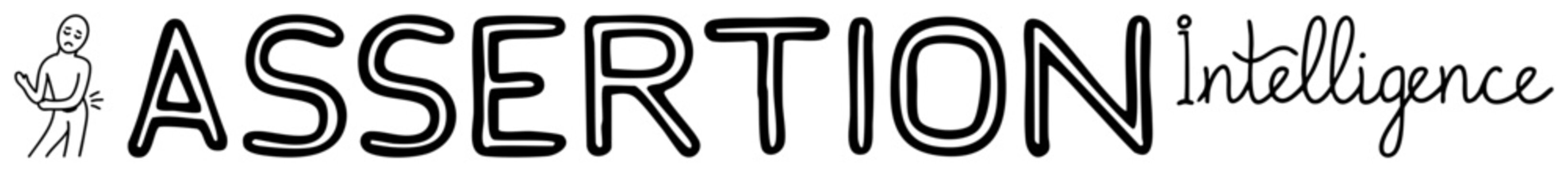 Bold "ASSERTION" text with cursive "," paired with minimalist figure gesturing confidently, vector branding for assertive concepts.