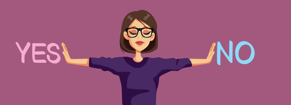 Woman Pushing Away Yes and No Vector Illustration. Undecided lady feeling more like maybe instead of definitive answers