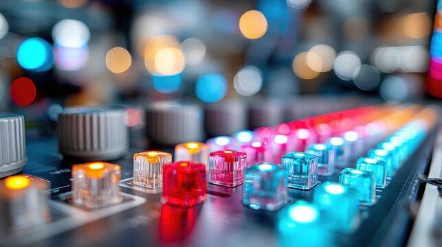 Audio mixer control panel with illuminated buttons and knobs in blurred background, creating atmosphere