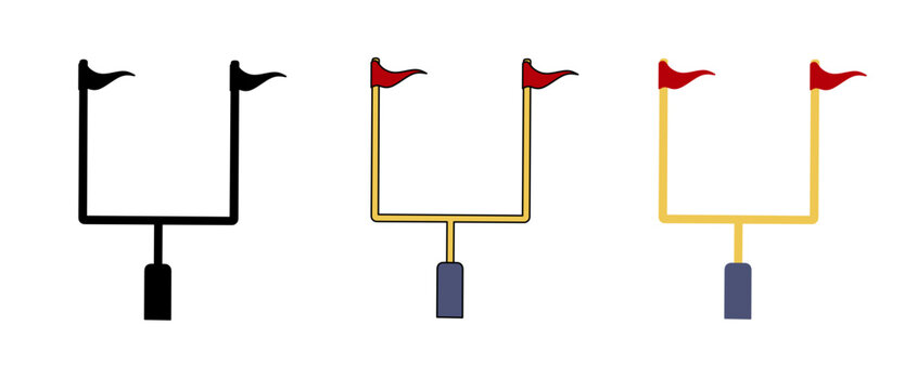 American football goal post icon set with flags in flat and line art style for sports game design and illustration