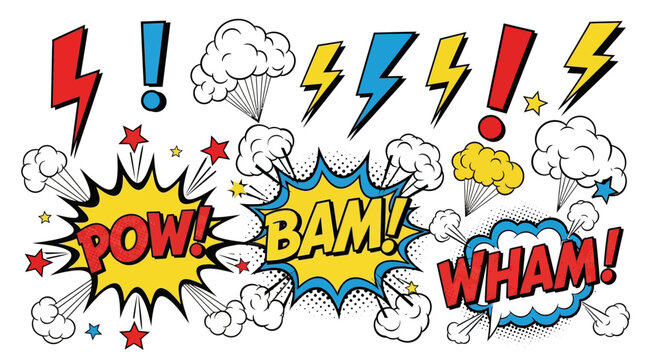 Comic Book Sound Effects POW BAM WHAM Explosions and Lightning Bolts