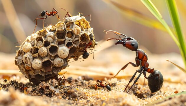 A large ant interacts with a destroyed beehive on the ground