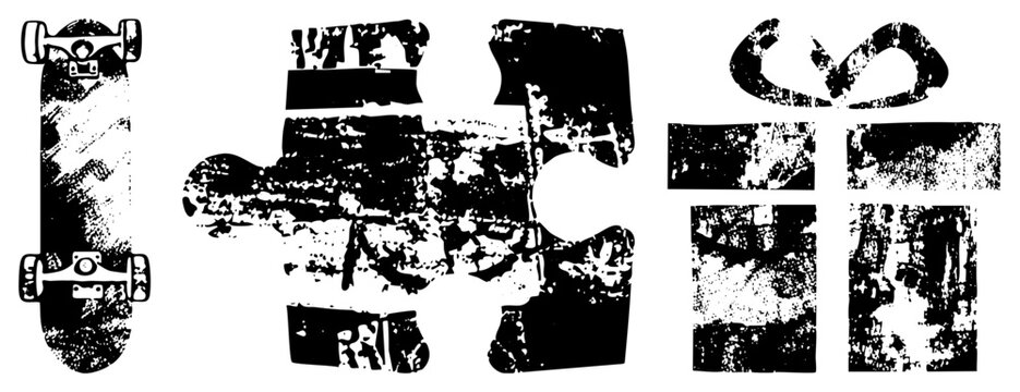 Distressed black and white skateboard graphic, broken puzzle fragments, gritty halftone texture, isolated vector elements, urban stencil style, street art motif.