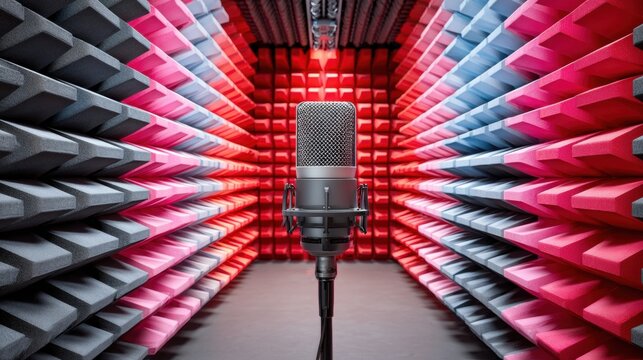 Microphone in soundproof room with red and gray foam panel grid wall creating focused and professional recording environment