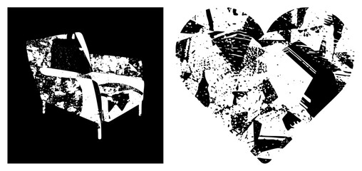Fototapeta premium Shattered heart with textured glass, distressed halftone, graphic art, emotional symbolism, vector, digital illustration.
