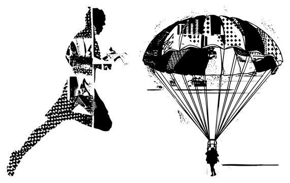 Skydiver descending under parachute, silhouette figure, airborne descent, skydiving gear, black and white vector graphic, stylized parachutist, silhouette, parafoil canopy.