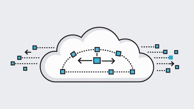 A cloud computing concept with data transfer and storage illustrated in a simple graphic design