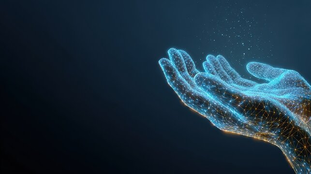 Abstract digital hands reaching upwards, forming a captivating and ethereal scene. ..Created with Generative AI, not depicting real subjects.