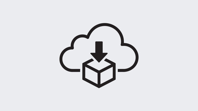 A simple black and white icon of a cloud with a box being downloaded