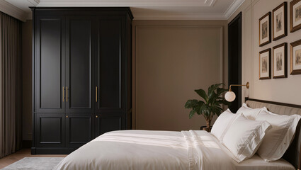 Fototapeta premium Elegant Modern Bedroom Featuring Large Black Wardrobe and Neutral Decor