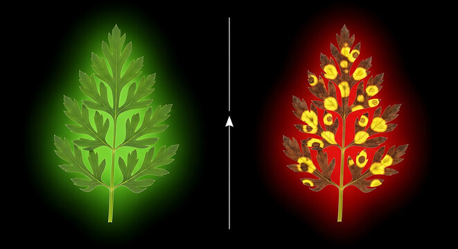 Healthy vs diseased parsley leaf comparison highlighting plant health decline and symptoms
