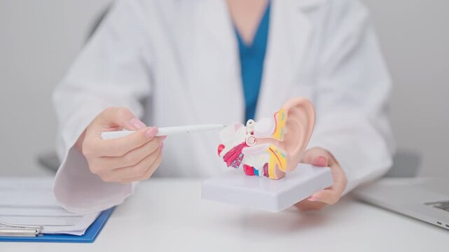 Doctor with human Ear anatomy model. Ear disease, Atresia, Otitis Media, Pertorated Eardrum, Meniere syndrome, otolaryngologist, Ageing Hearing Loss, Schwannoma and Healthcare medical concept