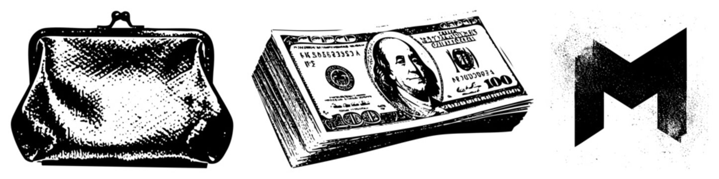 Metallic coin purse with clasp, stack of US 100 bills, stylized letter M logo, halftone, financial assets, money, isolated graphic elements.