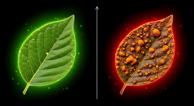 Lush green leaf transition to brown infected foliage with orange fungal pustules on black background glow