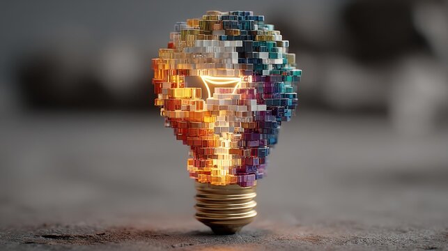 Colorful 3D Pixel Light Bulb with Glowing Elements on Neutral Background