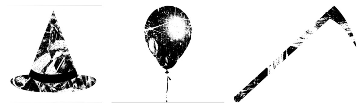 Distressed witch hat with band, textured balloon with string, ice pick with jagged edge, all in vector style, ideal for Halloween or horror design.