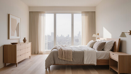 Fototapeta premium Minimalist Bedroom Interior with City View and Natural Wood Furniture