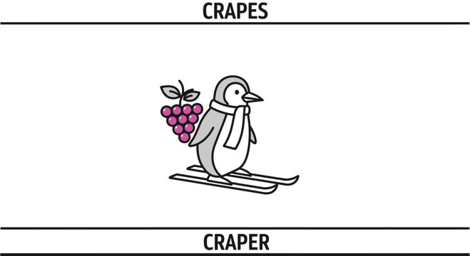 Penguin skiing with grapes, wordplay on "crapes" and "craper"