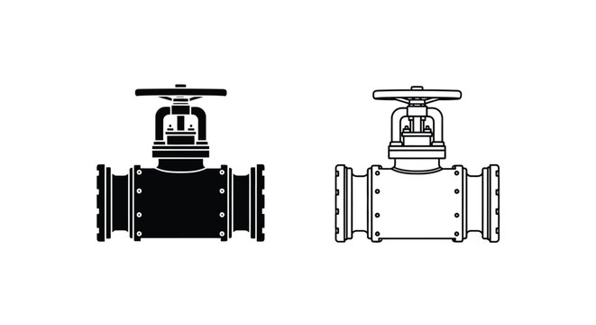 Two industrial gate valves in black and white line art depiction