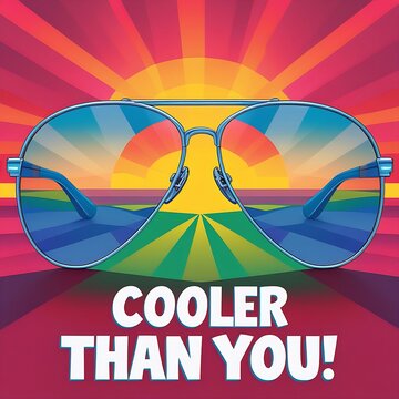 viator sunglasses reflecting a geometric sunset in the lenses. Typography: "Cooler Than You!"