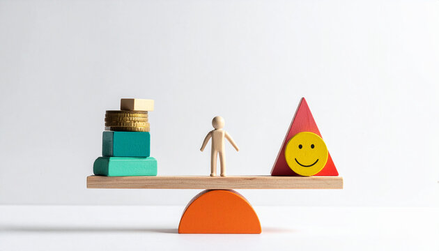 Balance concept wooden figure blocks coins and smiley face on a teeter totter