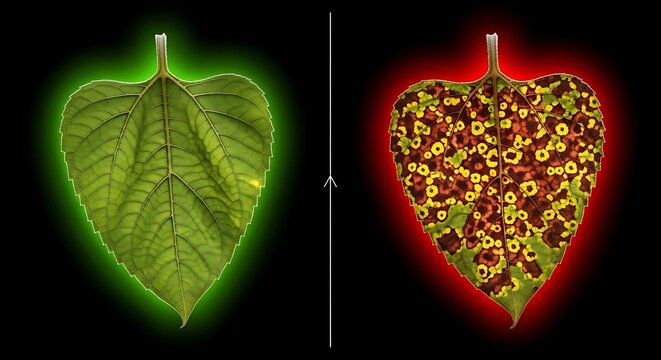 Healthy green leaf with glowing outline versus diseased leaf with yellow spots on black background