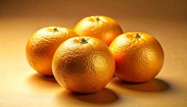 Close up of four oranges with textured rinds on warm background