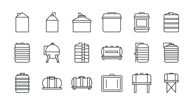 Collection of various industrial storage tank line icons in black and white