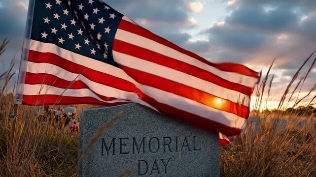 American flag waving on a memorial day stone in a field