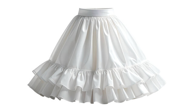 A white, voluminous petticoat with tiered ruffles, isolated on a black background