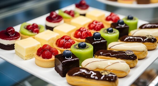 Assortment Of Colorful Mini Desserts And &Eacute;clairs On A White Platter In A Patisserie Display