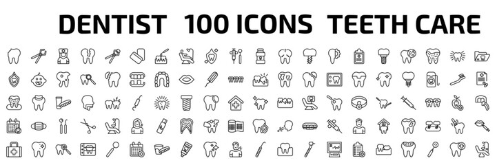 dentist outline icon set. 100 linear vector for ui, web and mobile. thin line cavity, tooth pliers, male nurse and more icons. © Farahim