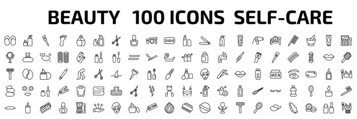 Fototapeta premium beauty outline icon set. 100 linear vector for ui, web and mobile. thin line two flip flops, skincare, makeup brush and more icons.