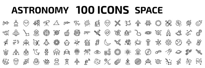 astronomy outline icon set. 100 linear vector for ui, web and mobile. thin line space gun, radar pointing up, extraterrestial head and more icons. © Farahim