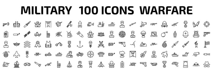 army and war outline icon set. 100 linear vector for ui, web and mobile. thin line gun shooting, two way radio, military knife and more icons.