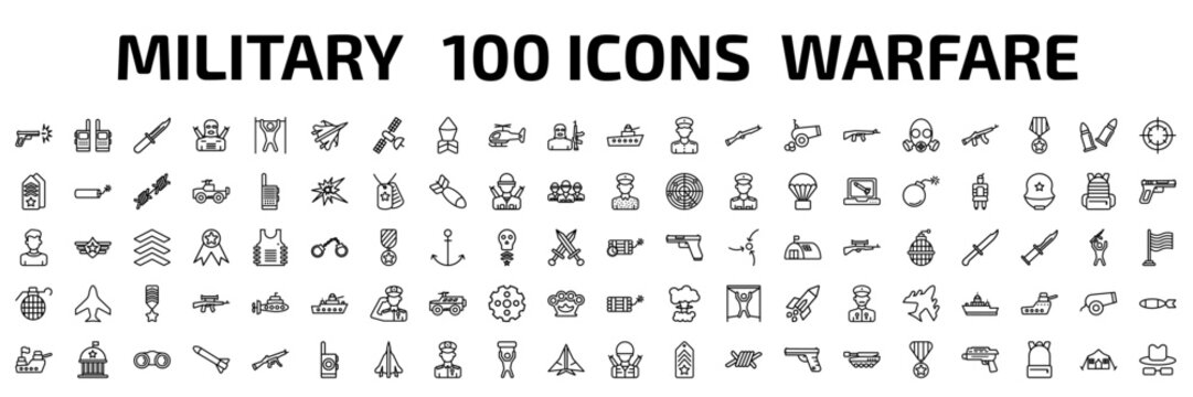 army and war outline icon set. 100 linear vector for ui, web and mobile. thin line gun shooting, two way radio, military knife and more icons.