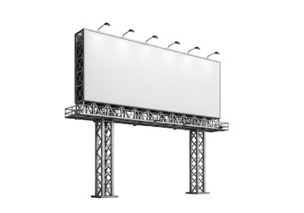 Obraz premium Large blank rectangular billboard structure with metal support beams and overhead lighting lamps