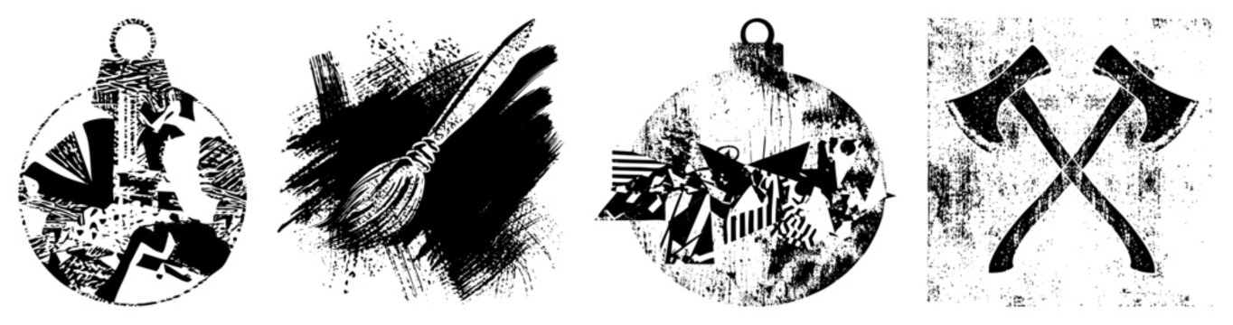 Decorative holiday baubles and axes in, stylized graphic design, textured brushstroke backgrounds, artistic ornamentation.