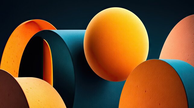 Abstract composition features vibrant yellow sphere and textured geometric shapes against a dark backdrop