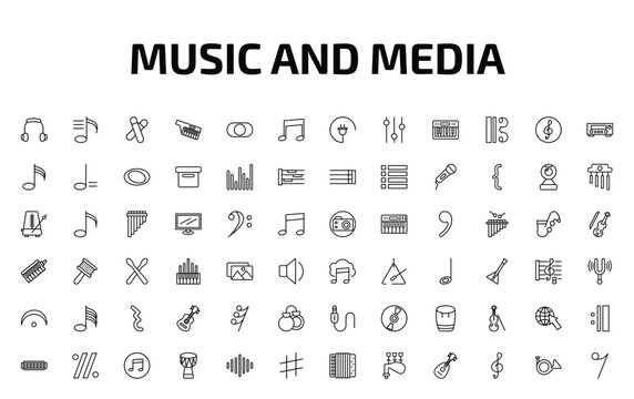 music and media outline icon set. 72 linear vector for ui, web and mobile. thin line music player headphones, playlist, clave and more icons.