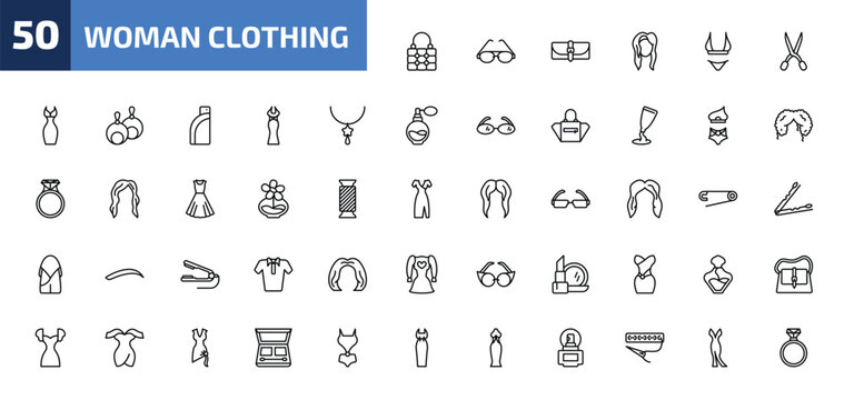 woman clothing outline icon set. 50 linear vector for ui, web and mobile. thin line fashionable hand bag, round eyeglasses, female wallet and more icons.